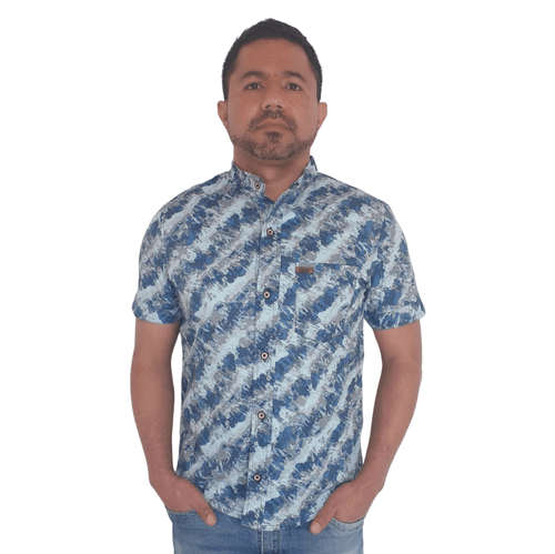 Camisa para Hombre GO Rb en Chalis Azul Jaspeado con Manga Corta