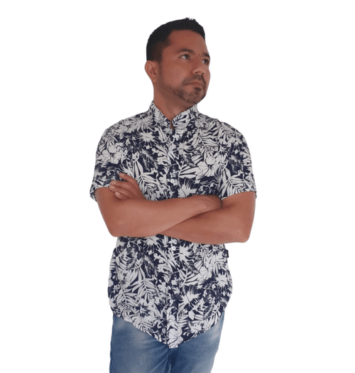 Camisa para Hombre GO Bzr en Chalis Hojas Azules con Manga Corta