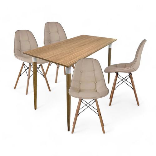 COMEDOR PREMIUM KANO + 4 SILLAS EAMES BOTONES CAMEL