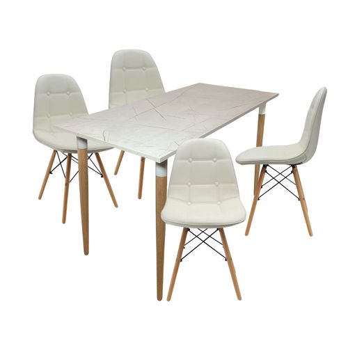 COMEDOR PREMIUM HABY + 4 SILLAS EAMES BOTONES BLANCA