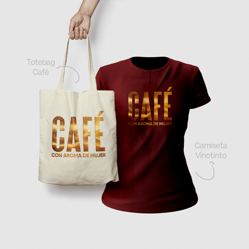 Combo Camiseta Vinotinto Mujer y Totebag estampado dorado Cafe Con Aroma De Mujer | Market RCN