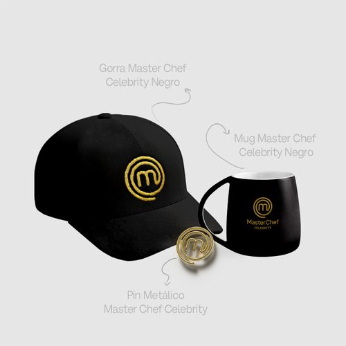 Combo Puro Sabor: Gorra Negra Logo Dorado, Pin y Mug Negro | MasterChef Celebrity Colombia