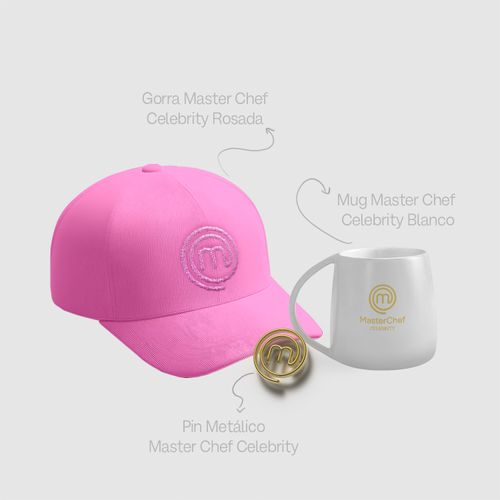 Combo Dulce y Rosado: Gorra Rosada, Pin y Mug Blanco | MasterChef Celebrity Colombia