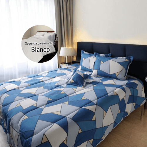 Edredón Estampado - Unicolor Grueso Voypre Tamaño Doble Geométrico Azul - Blanco